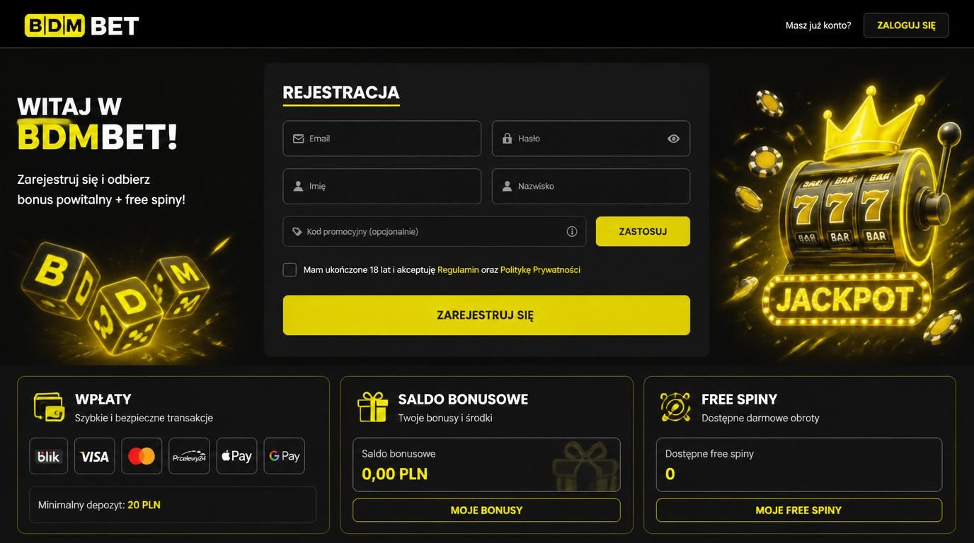 Interfejs pokazujący rejestrację z kodem bonusowym oraz pierwszy depozyt