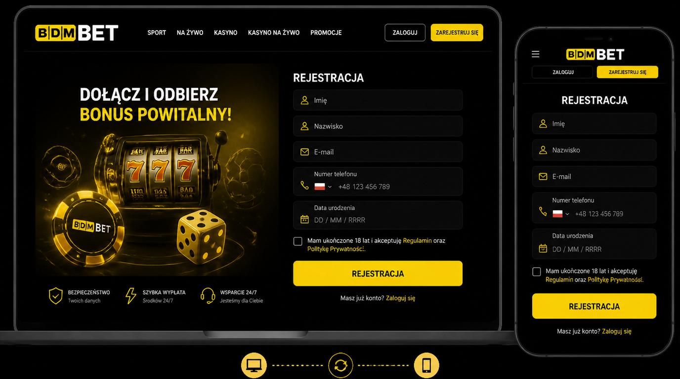 Rejestracyjny formularz kasyna z Polski, ekrany desktop i mobile z polskimi polami