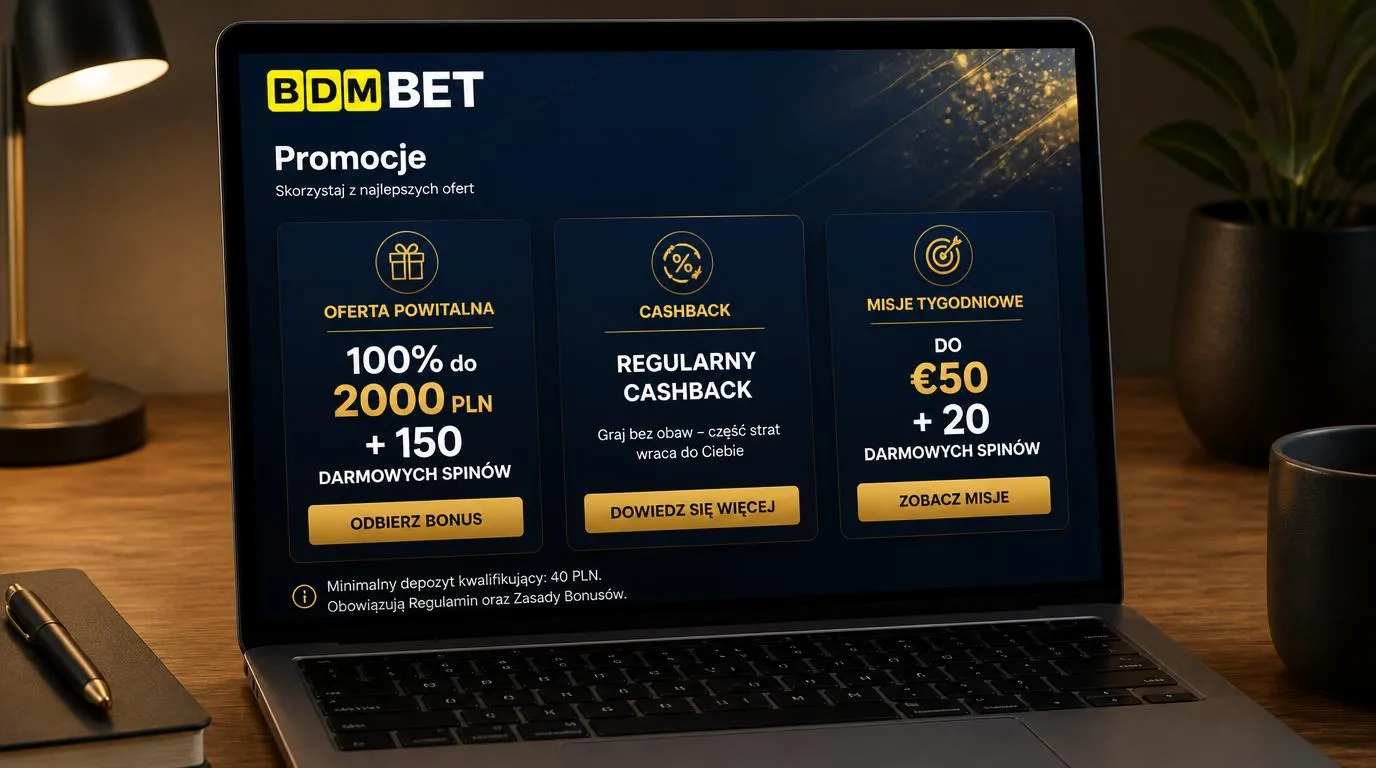 Ekran z trzema kartami promocji kasyna – bonusem powitalnym, cashbackiem i misjami tygodniowymi