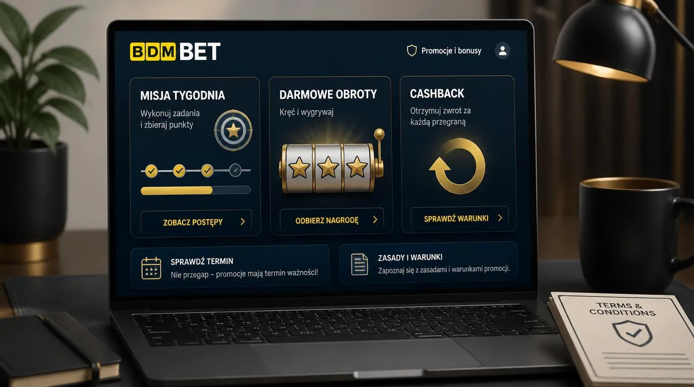 Panel kasyna z kartami misji tygodniowych, darmowych spinów i cashbacku