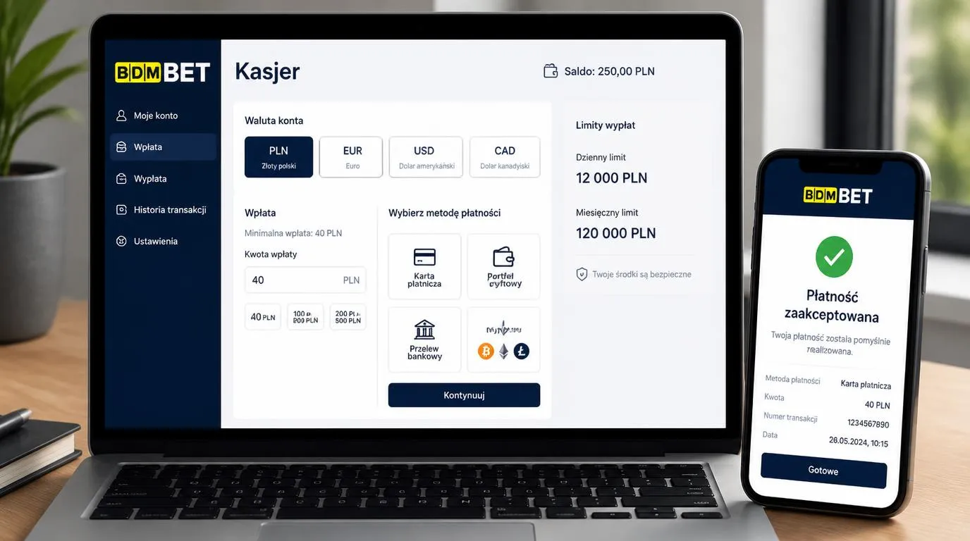 Ekran kasy kasyna z wyborem PLN, metod płatności i informacją o limicie wypłat