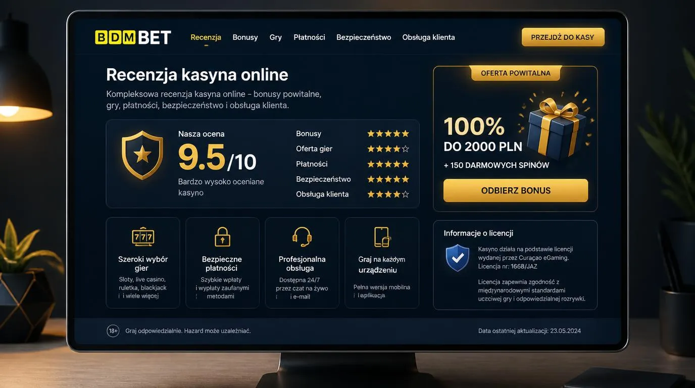 Ekran kasyna z oceną 9,5/10, ofertą powitalną i przyciskiem prowadzącym do kasy